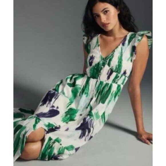 Anthropologie Midi Dress Womens Medium The Peregrine Green Blue Tiered - Picture 6 of 16